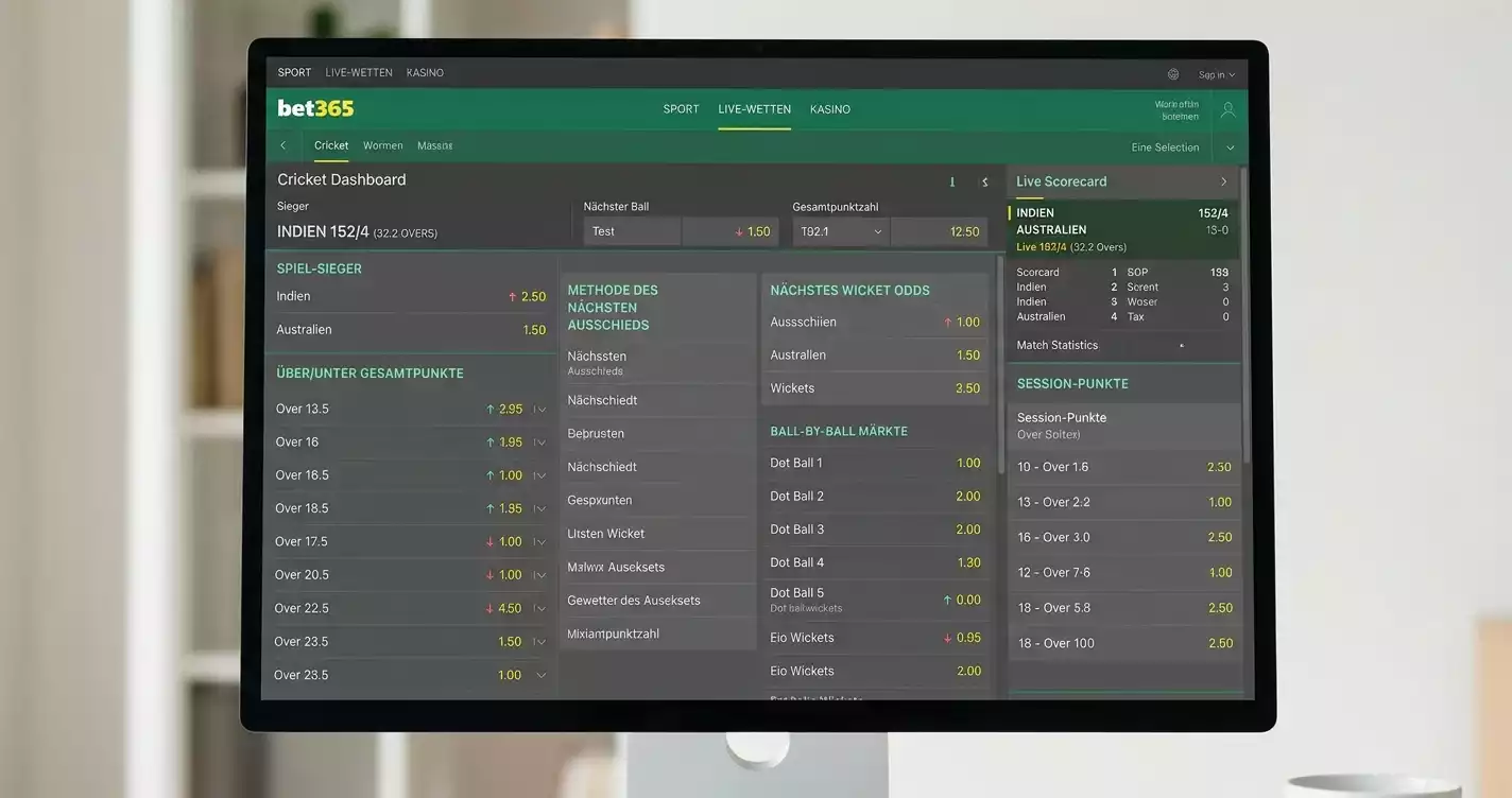 Bet365 Cricket Markttiefe – Over/Under Runs, Ball-by-Ball und Session-Märkte für IPL und Test Cricket