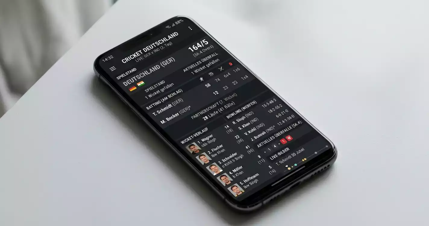 bwin Matchtracker Oberfläche mit Cricket Live-Scorecard und Echtzeit-Statistiken
