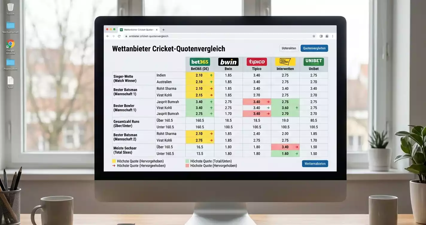 Quotenvergleich bwin Cricket Live Wetten versus andere GGL-lizenzierte Anbieter in Deutschland