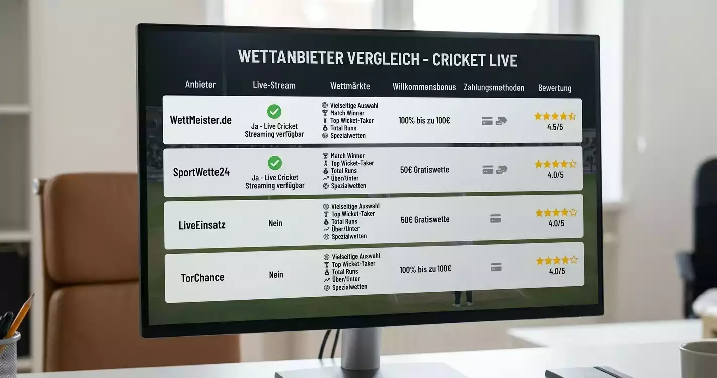 Cricket Livestream Anbieter Vergleich – welche GGL-lizenzierten deutschen Bookmaker Cricket streamen