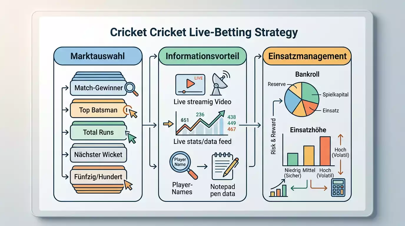 Cricket Live Wettstrategie Grundprinzipien – Diagramm mit Marktauswahl, Informationsebenen und Einsatzmanagement