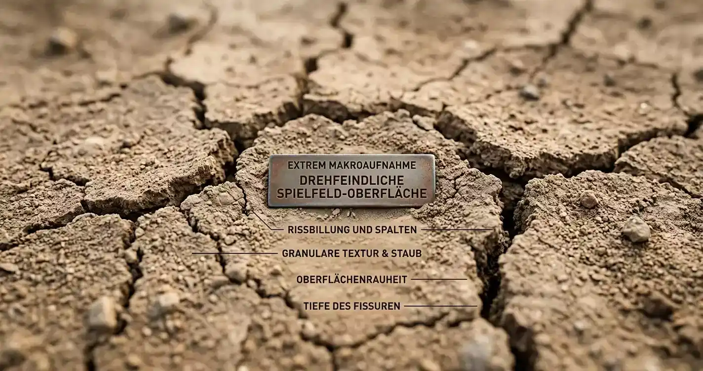 Detailansicht Spin-Wicket Pitchbedingungen – rissiger Dustrack für Cricket Spinner-Bowler-Analyse
