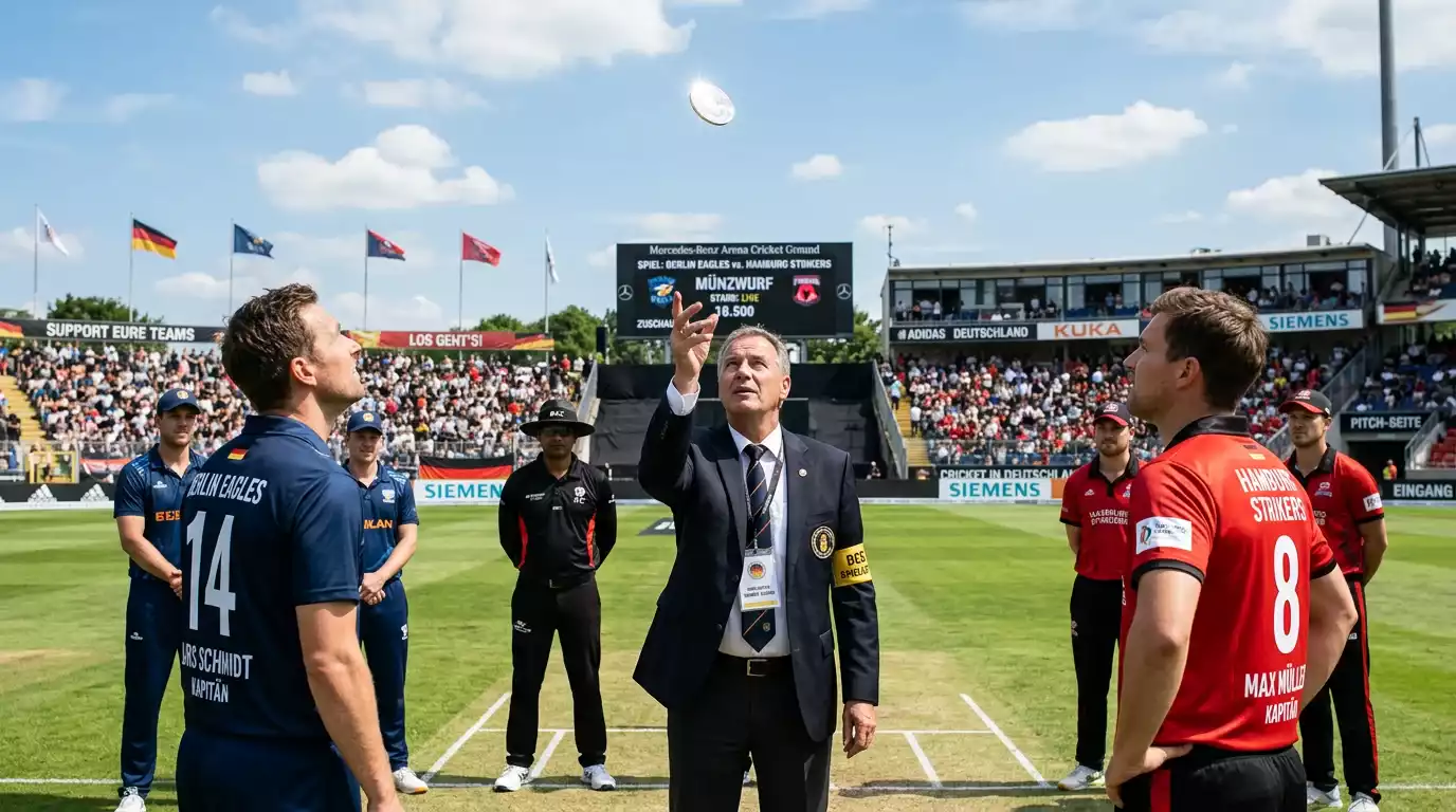 Cricket Toss Wette – Schiedsrichter wirft Münze vor dem Spiel beim cricket toss wette Markt