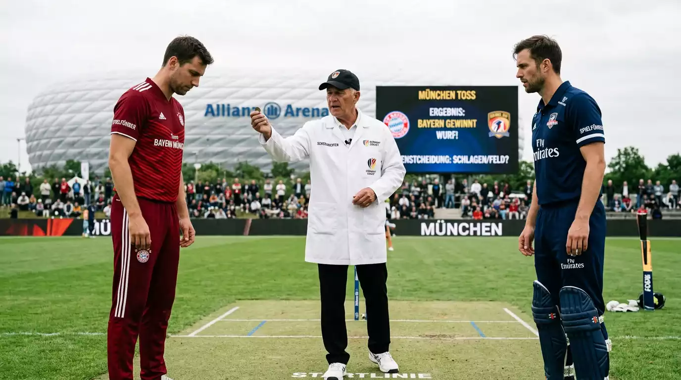 Schiedsrichter zeigt Toss-Ergebnis beim Cricket – strategische Entscheidung für batting oder bowling