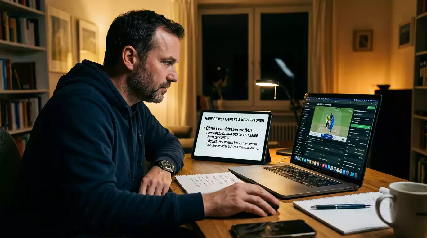 Häufige Cricket Wetten Fehler – Live-Wetter analysiert Fehlerquellen auf Bildschirm mit Wettübersicht