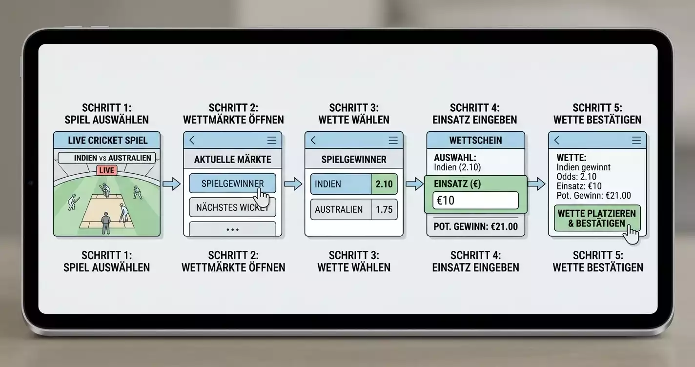 Cricket In-Play Wetten Ablauf – Schritt-für-Schritt-Darstellung vom Marktöffnung bis zur Wettbestätigung